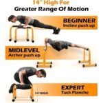 Push Up Bar, 14” High Steel Parallettes & Dip Bar with Full Coverage Foam Handle